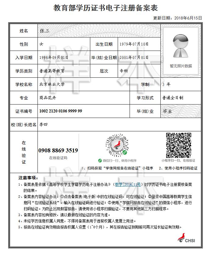 教育部學(xué)歷證書電子注冊備案表樣本 教育部學(xué)歷證書電子注冊備案表樣本