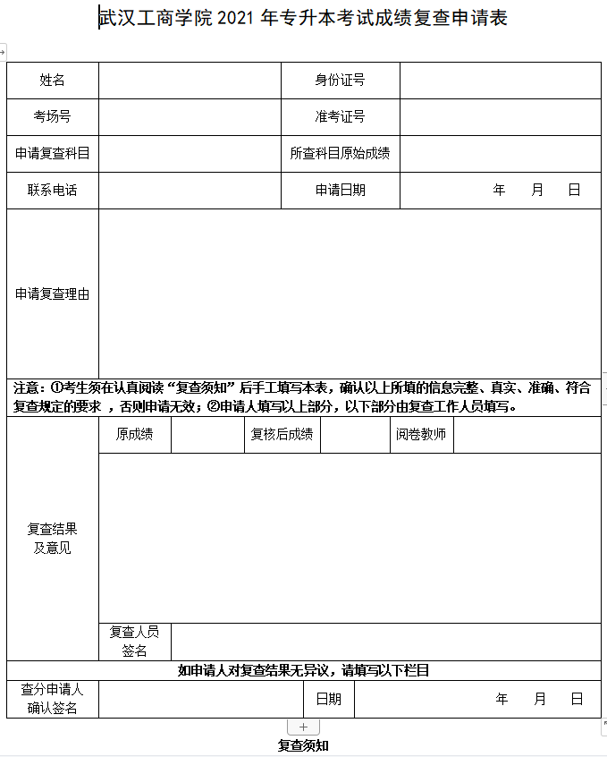 2021年武漢工商學院普通專升本考試成績復(fù)查申請表