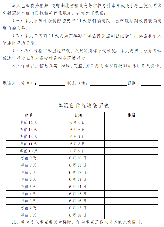 2021年湖北普通專升本考試考生體溫自我監(jiān)測(cè)登記表